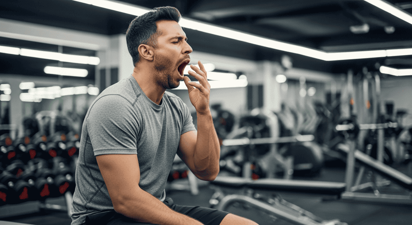 Невыспавшийся мужчина зевает в спортзале от усталости